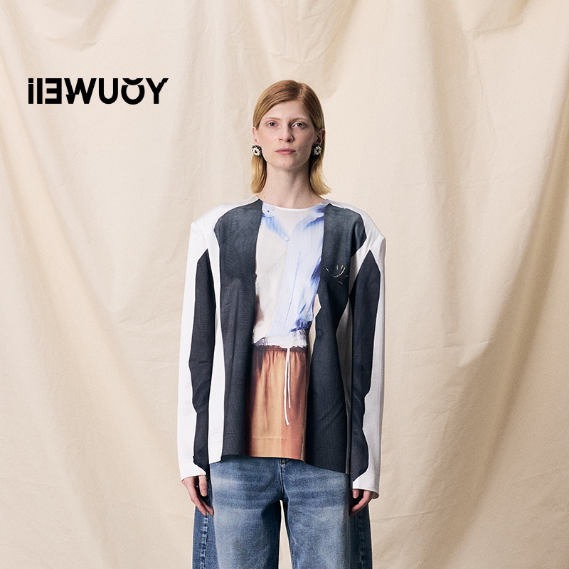 有尾3D印图醋酸上衣衬衫