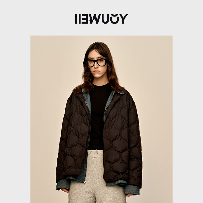 短羽绒服有尾假两件衬衫领