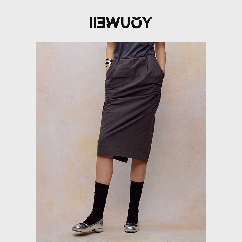 有尾女装皱感无腰头气质半身裙