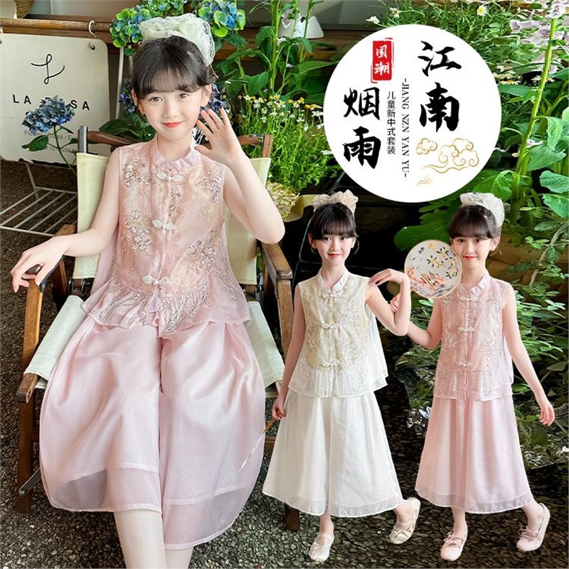 复古国风汉服2025夏季新款女童两件套洋气手镯绣花公主