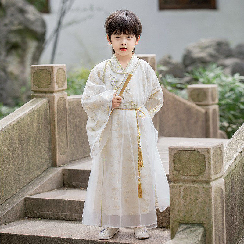 男童古装汉服宋朝书生装 中国风刺绣演出服 圆领长袖儿童服装