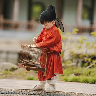 男童汉服唐装 红色儿童唐制圆领袍李白 中国风宝宝汉服小少爷古装