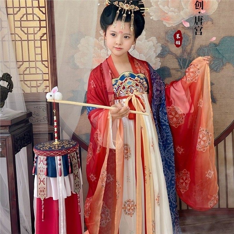 2025新款唐宫齐胸襦裙团花复原大袖衫 女童汉服唐风改良连衣裙正