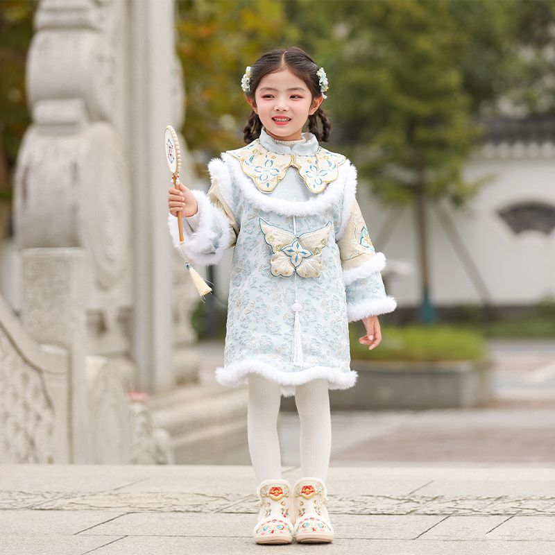 女童冬季原创高级连衣裙套装2024新款儿童加绒古装唐装汉服拜年服