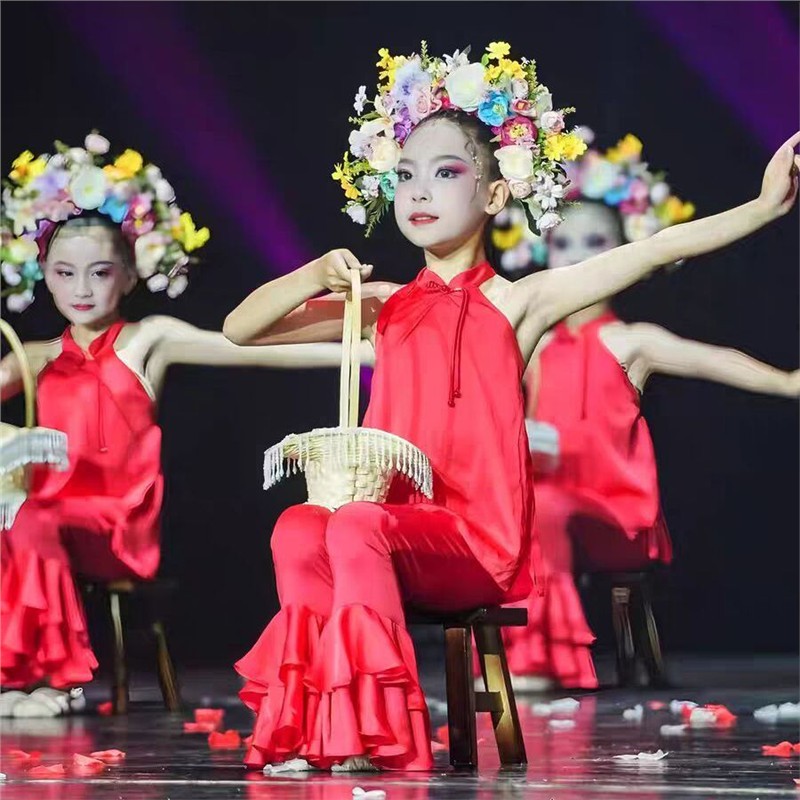 簪花入梦同款舞蹈演出服古典舞女童花篮头饰道具儿童群舞表演服装