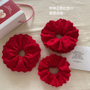 高品质红色蕾丝花边发圈法式 复古温柔发绳大肠圈发饰女