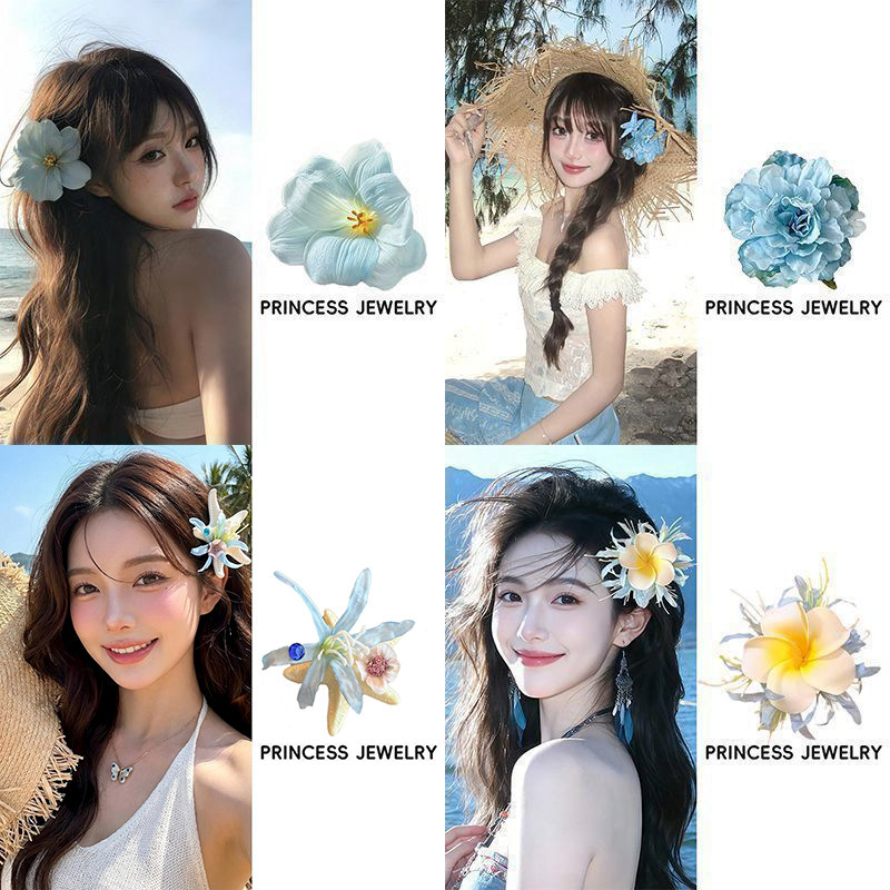 蓝色仿真花度假风刘海发夹图片