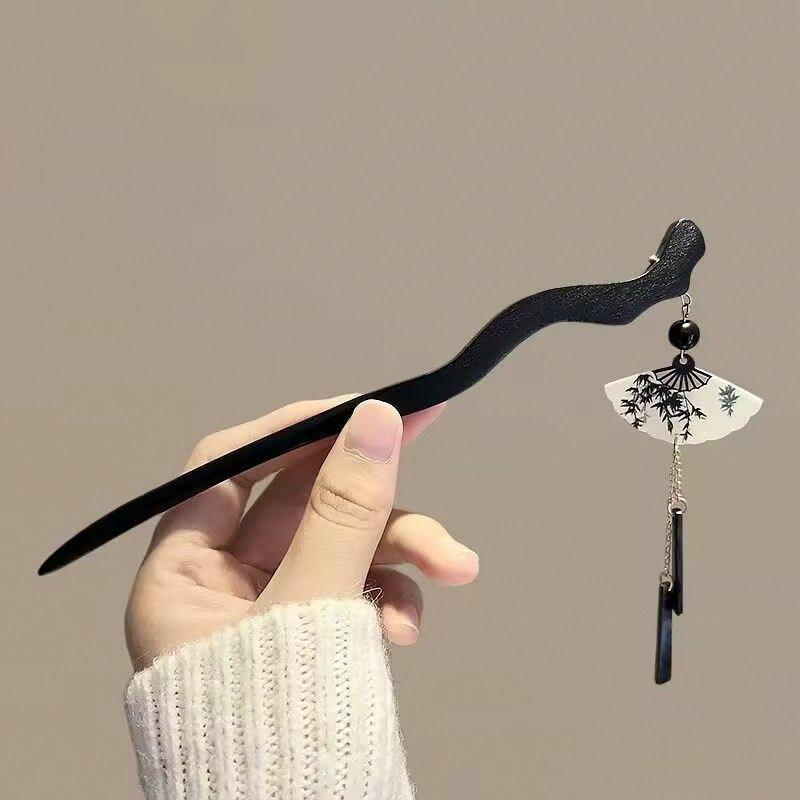 新中式复古扇形墨竹流苏发簪图片