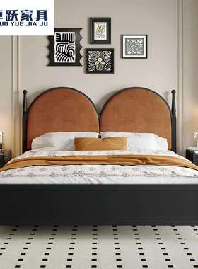 美式复古巴黎黑色实木床法式民宿乡村藤编中古风主卧储物双人大床