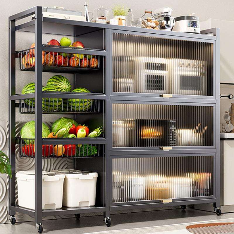 厨房落地置物架多层带柜门网板组合柜蔬菜架多功能厨房收纳架子