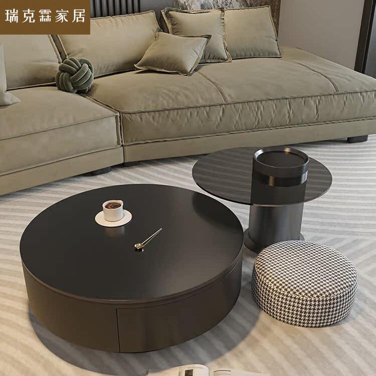 岩板圆形茶几客厅家用轻奢现代简约大小户型黑色茶桌玻璃意式极简