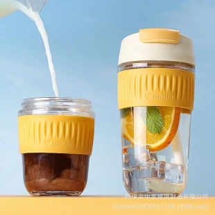 玻璃水杯女款乐扣同款双饮吸管高鹏硅便携可爱泡茶杯牛奶杯咖啡杯