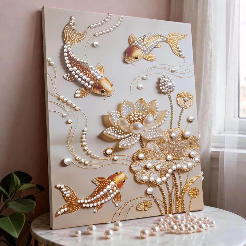 中国风珍珠画diy材料手工制作贴画年年有余送礼客厅高级感钻石画