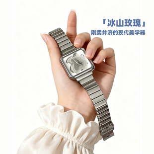 FidoDido「冰山玫瑰」女款 手表复古银小方表女士石英百搭轻奢腕表