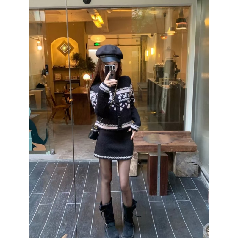 针织开衫毛衣外套高腰显瘦包臀裙