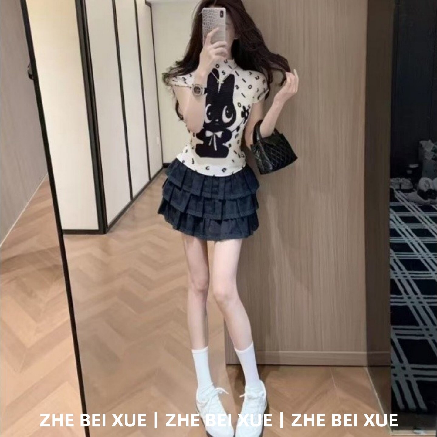 夏季套装美式辣妹印花半高领短袖上衣高腰显瘦短裙韩风chic一整套