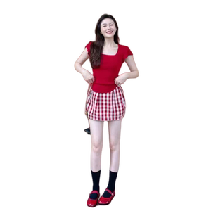 小众不撞款套装女夏季2024新款辣妹修身显瘦短款上衣格纹性感短裙