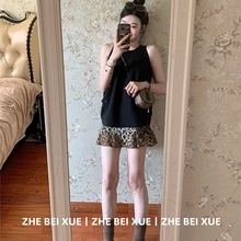 套装女黑色针织圆领无袖上衣豹纹网纱半身短裙巨好看的夏装一整套