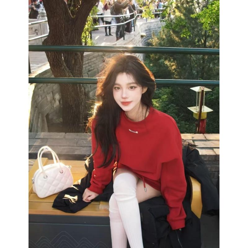 高级感红色长袖卫衣外套半身短裙