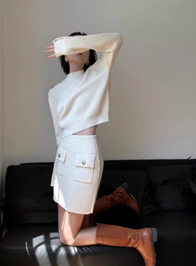 入秋穿搭一整套法式高级感小香风白色长袖针织上衣高腰半身裙套装