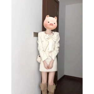 入秋搭配一整套蝴蝶结短款毛呢外套上衣显瘦收腰短裙子小香风套装