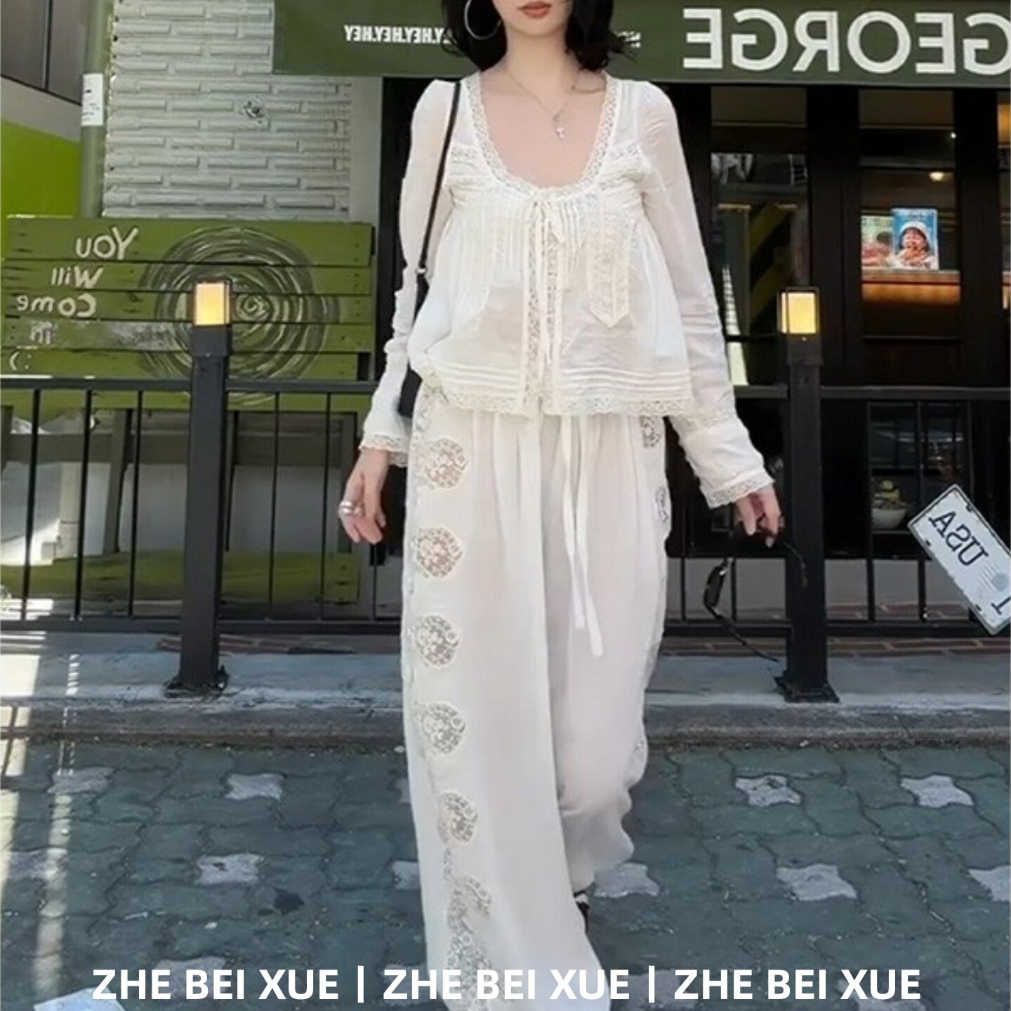 夏季套装韩系温柔蕾丝花边拼接衬衫高腰显瘦阔腿裤韩风chic一整套