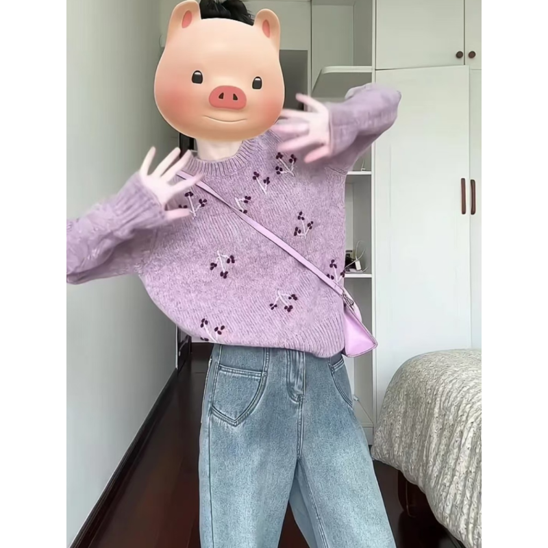 休闲长袖针织衫上衣阔腿牛仔裤女