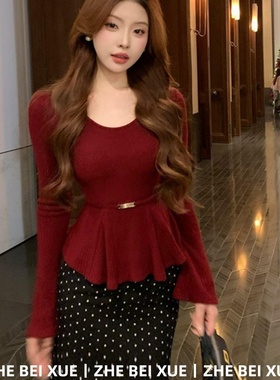 套装女气质高级感红色收腰针织上衣波点半身裙独特漂亮冬装一整套