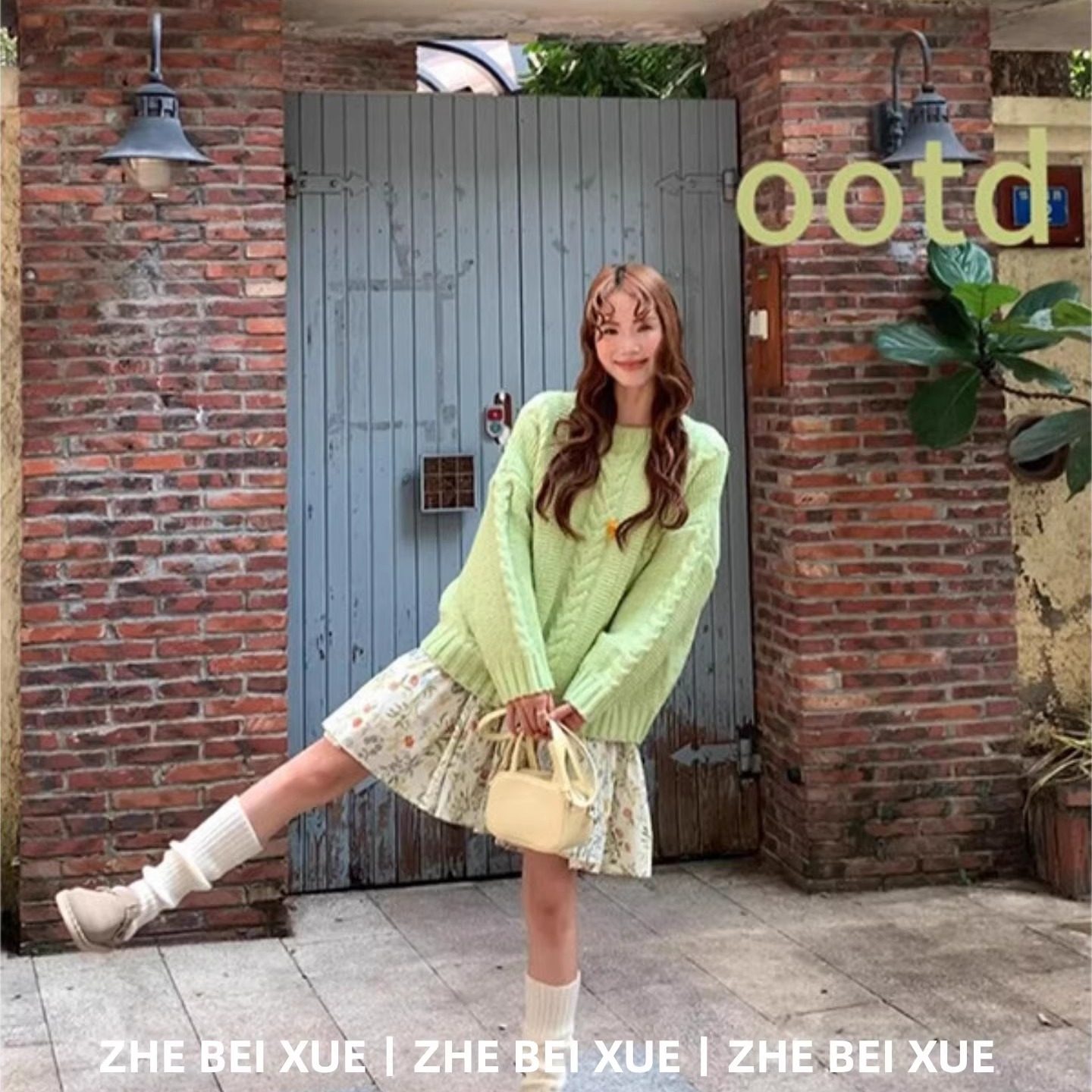 套装女温柔风绿色宽松麻花针织上衣碎花连衣裙独特漂亮冬装一整套