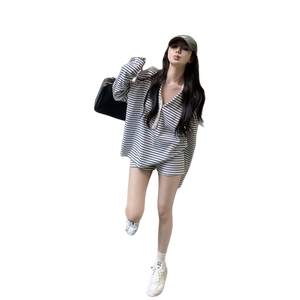 时尚休闲套装女夏季新款小个子黑白撞色条纹T恤上衣松紧腰短裤子