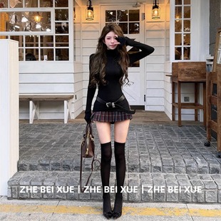 上衣百褶半身裙独特漂亮冬装 显瘦长袖 一整套 女辣妹风高领修身 套装