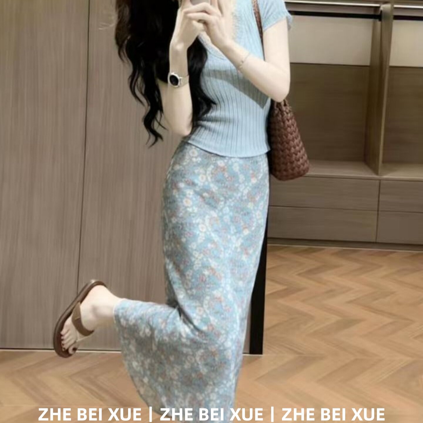 早春套装韩系纯欲风修身显瘦针织上衣高腰碎花半身裙早春漂亮套装