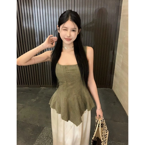 吊带背心女夏外穿2024新款美式复古度假风荷叶边收腰显瘦无袖上衣