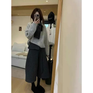 一整套ootd穿搭韩系气质慵懒风针织衫上衣套头毛衣高腰阔腿裤套装