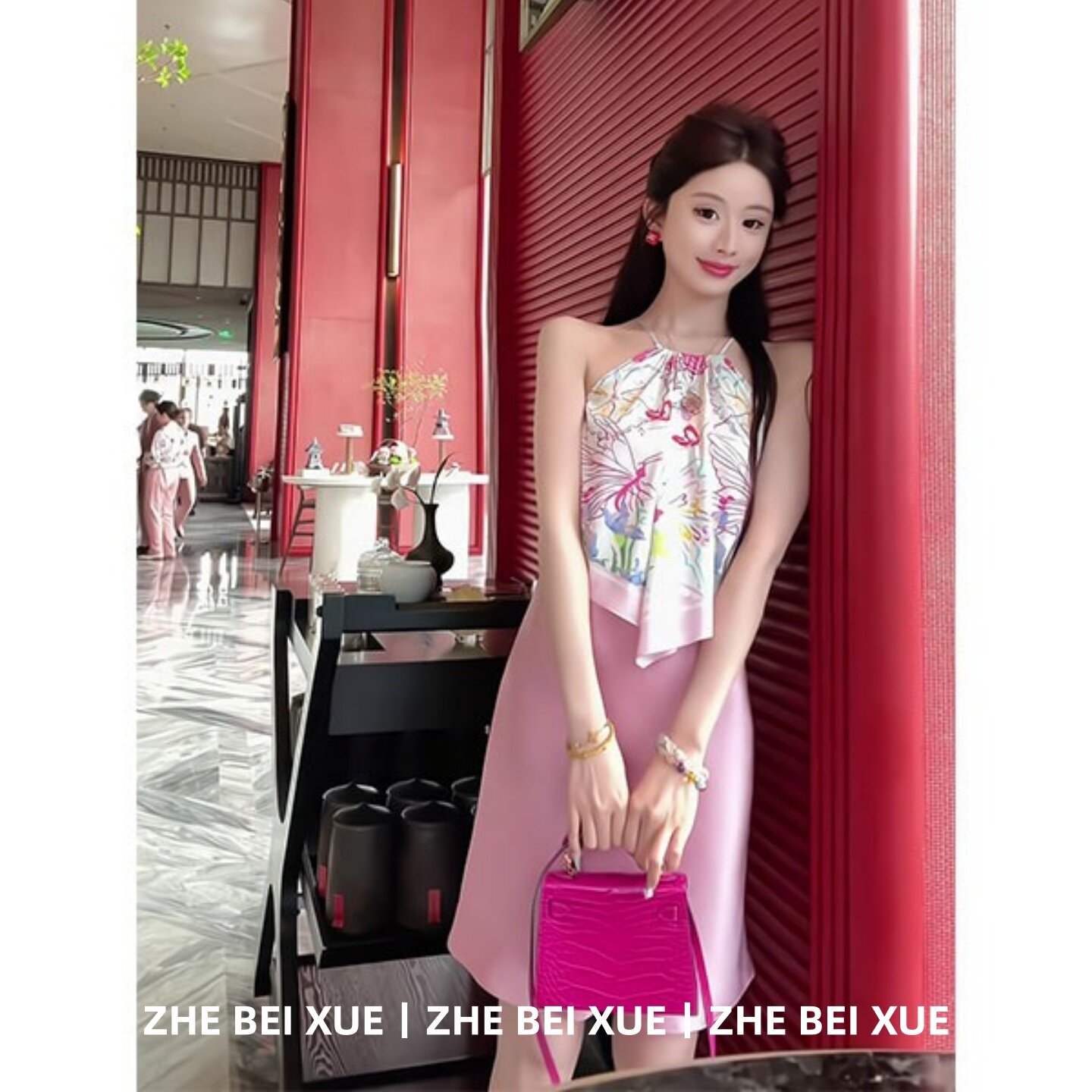 夏季套装高级氛围感碎花百搭挂脖上衣包臀中长裙子韩风chic一整套