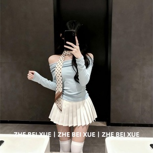 冬装 套装 上衣显瘦百褶短裙巨好看 长袖 一整套 女纯欲风一字肩修身