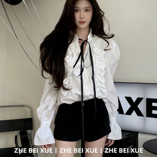 女减龄感设计感系带V领长袖 秋装 衬衫 巨好看 一整套 休闲短裤 套装