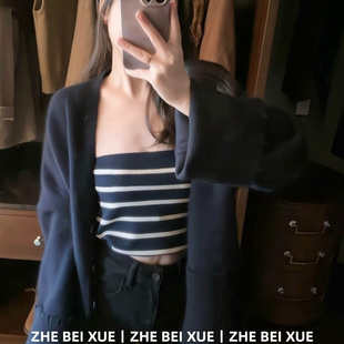 套装女休闲针织开衫撞色拼接条纹抹胸休闲裤子巨好看的早秋一整套