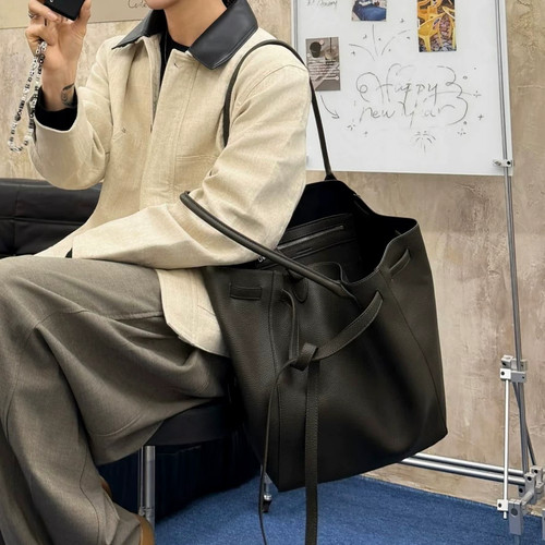 荔枝纹软皮托特包松弛感抽绳绑带