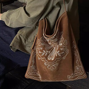 波西米亚风刺绣磨砂皮托特包珠珠大容量复古百搭单肩手提大包包女