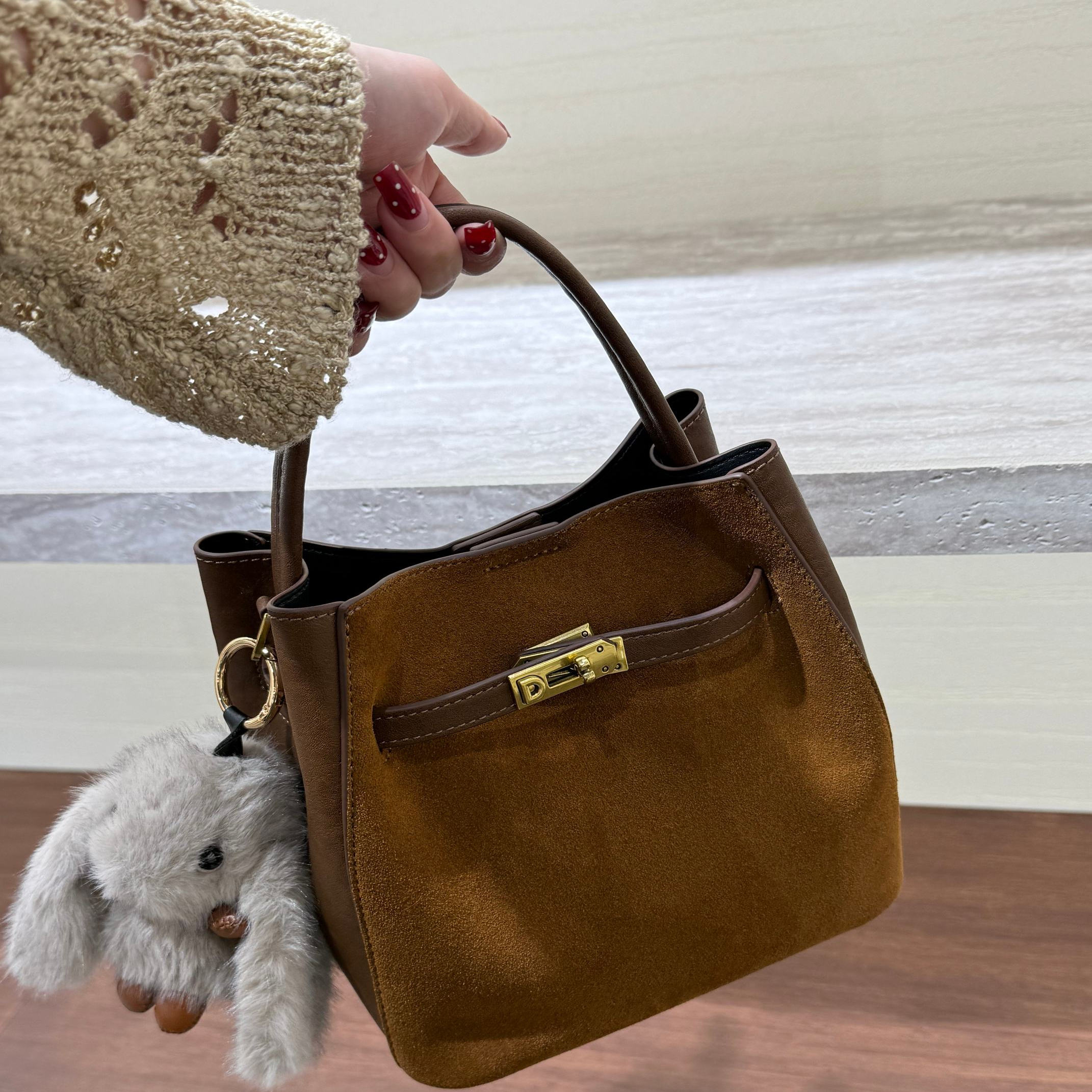 秋冬复古磨砂牛皮凯莉包拼接撞色