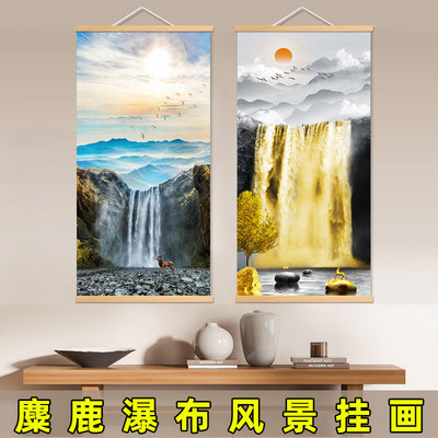 麋鹿瀑布玄关装饰画流水画风景现代简约客厅玄关走廊过道墙壁挂画