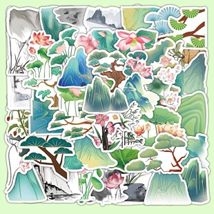 60张山水画贴纸小清新卡通diy装 饰手机壳笔记本ipad手账儿童贴画