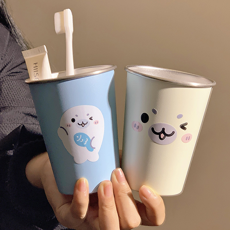 家用情侣洗漱杯子可爱小海豹不锈钢漱口杯学生宿舍刷牙杯牙具牙缸