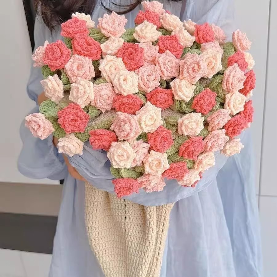 手工编织diy玫瑰花毯子材料包毛线钩织花朵毛线团钩织送朋友礼物