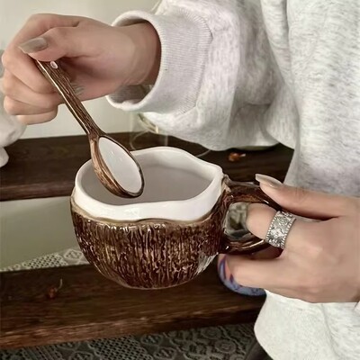 创意ins可爱椰子椰肉咖啡杯陶瓷牛奶家用早餐马克杯釉下彩陶瓷杯