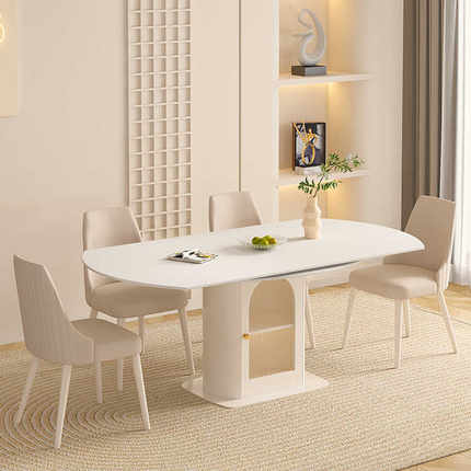 轻奢岩板餐桌可变圆桌现代简约家用法式奶油风可方可圆伸缩餐桌椅