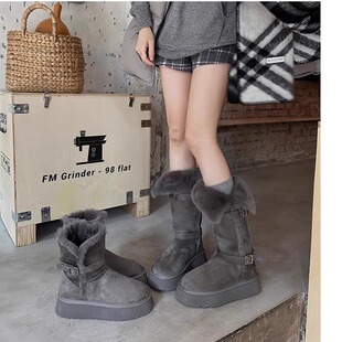 AUMU灰色雪地靴女冬季加绒加厚皮毛一体厚底增高长短筒靴雪地靴子
