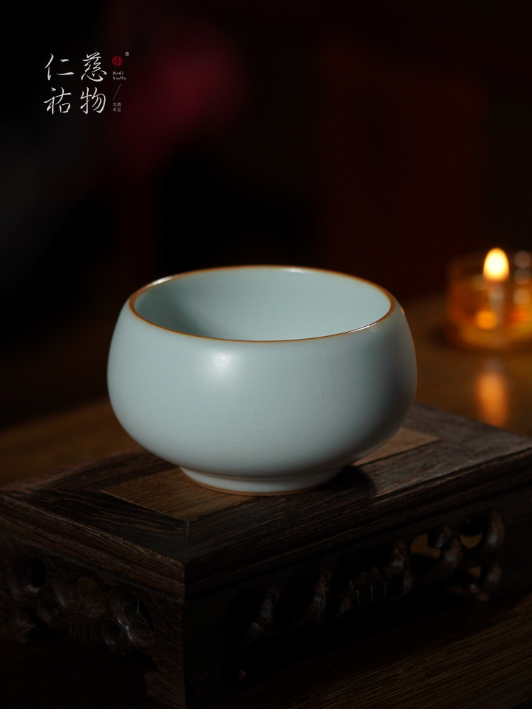 汝窑圆融杯主人杯单杯覆古精致功夫茶杯陶瓷品茗杯汝瓷天青色茶盏