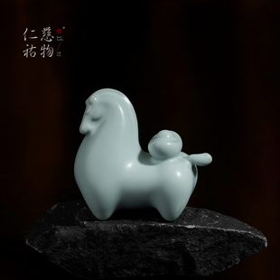 汝窑马摆件吉祥物生肖茶宠茶桌茶几桌面装饰汝瓷茶玩马上有钱